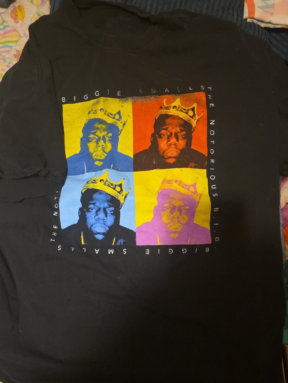 Black Short Sleeve Graphic Tee with Multicolor Notorious B.I.G. Pop Art Print
